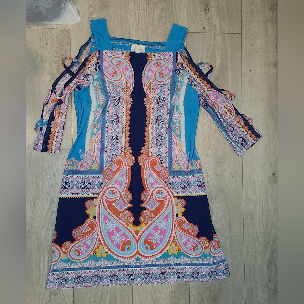 Blue Square Neck Sundress with 3/4 Sleeves
